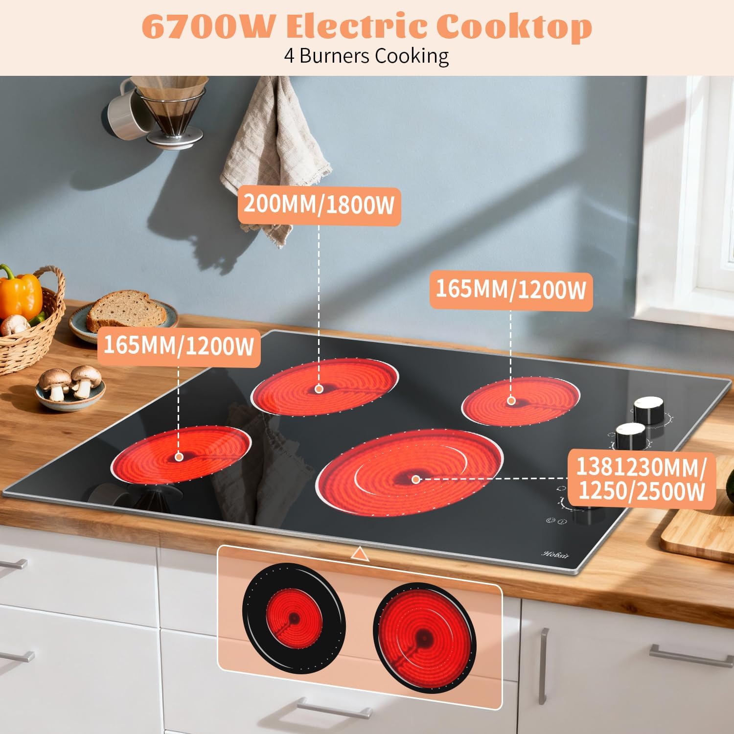 Electric Cooktop 30 Inch Hobsir, 4 Burner Electric Stove Top 6700W, Knob Control Built in Cook top, 30' Electric Stove Top Burner with Glass Protection Metal Frame, Double-ring burner, 220-240v