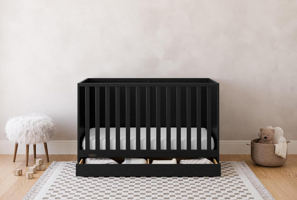 Graco Theo 3-in-1 Convertible Crib with Storage Drawer – GREENGUARD Gold Certified Baby Crib Crafted from Wood, Converts to Toddler Bed, Daybed, and Full-Size Bed (Black)