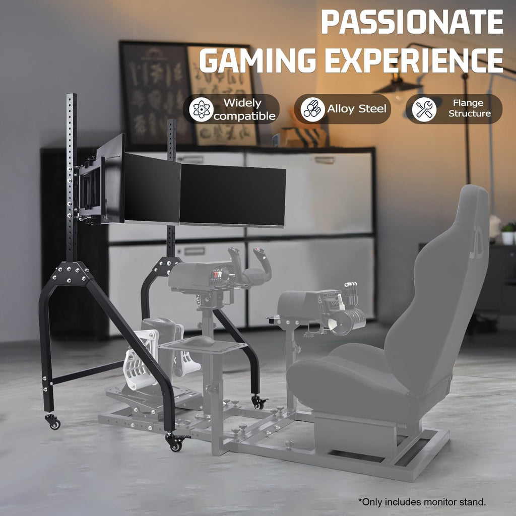 Marada Sim Racing Triple Monitor Stand with Wheels Compatible with 27/32-inch Displays Height and Tilt Adjustable, A-Frame Base for Flight & Driving Simulator Cockpit Rig