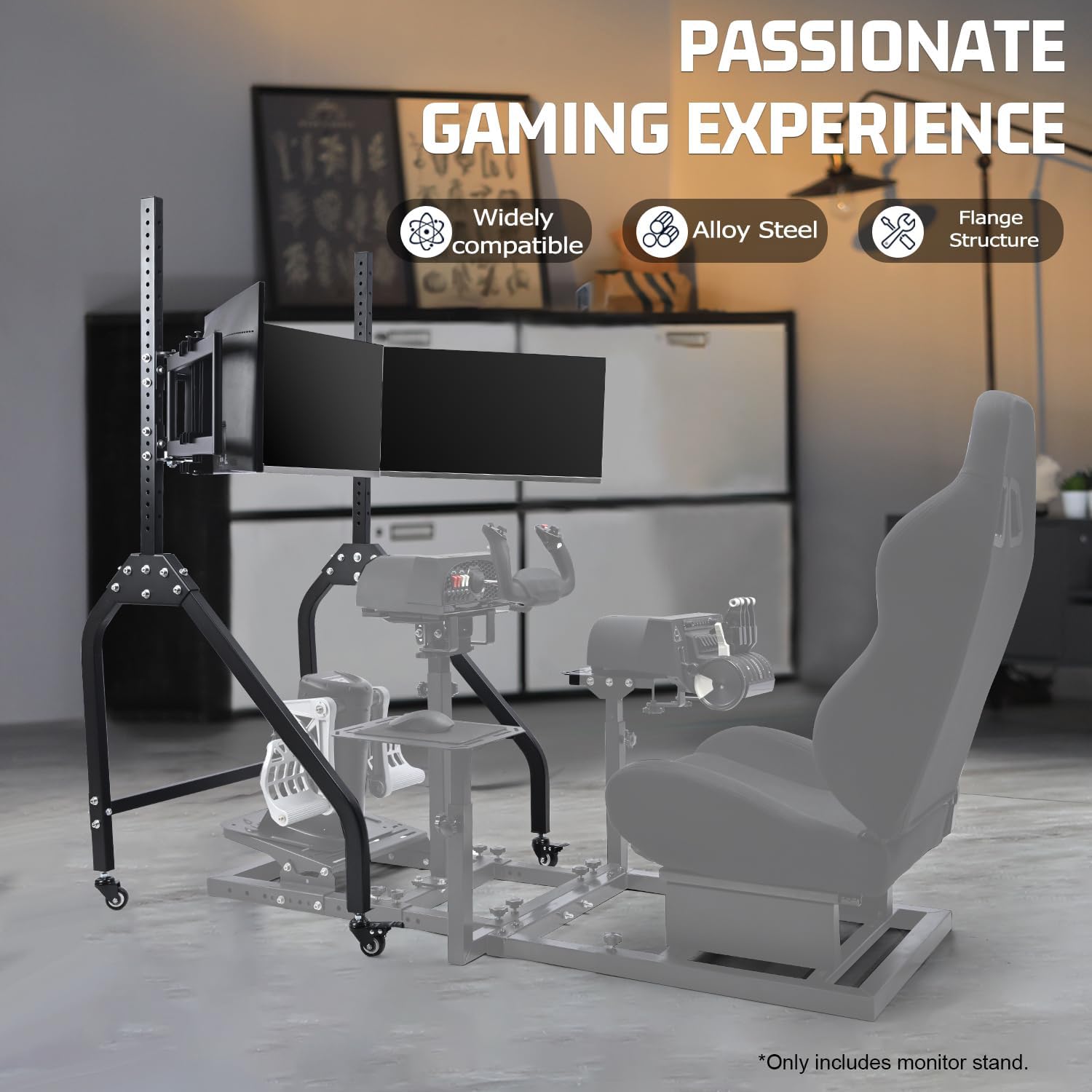 Marada Sim Racing Triple Monitor Stand with Wheels Compatible with 27/32-inch Displays Height and Tilt Adjustable, A-Frame Base for Flight & Driving Simulator Cockpit Rig