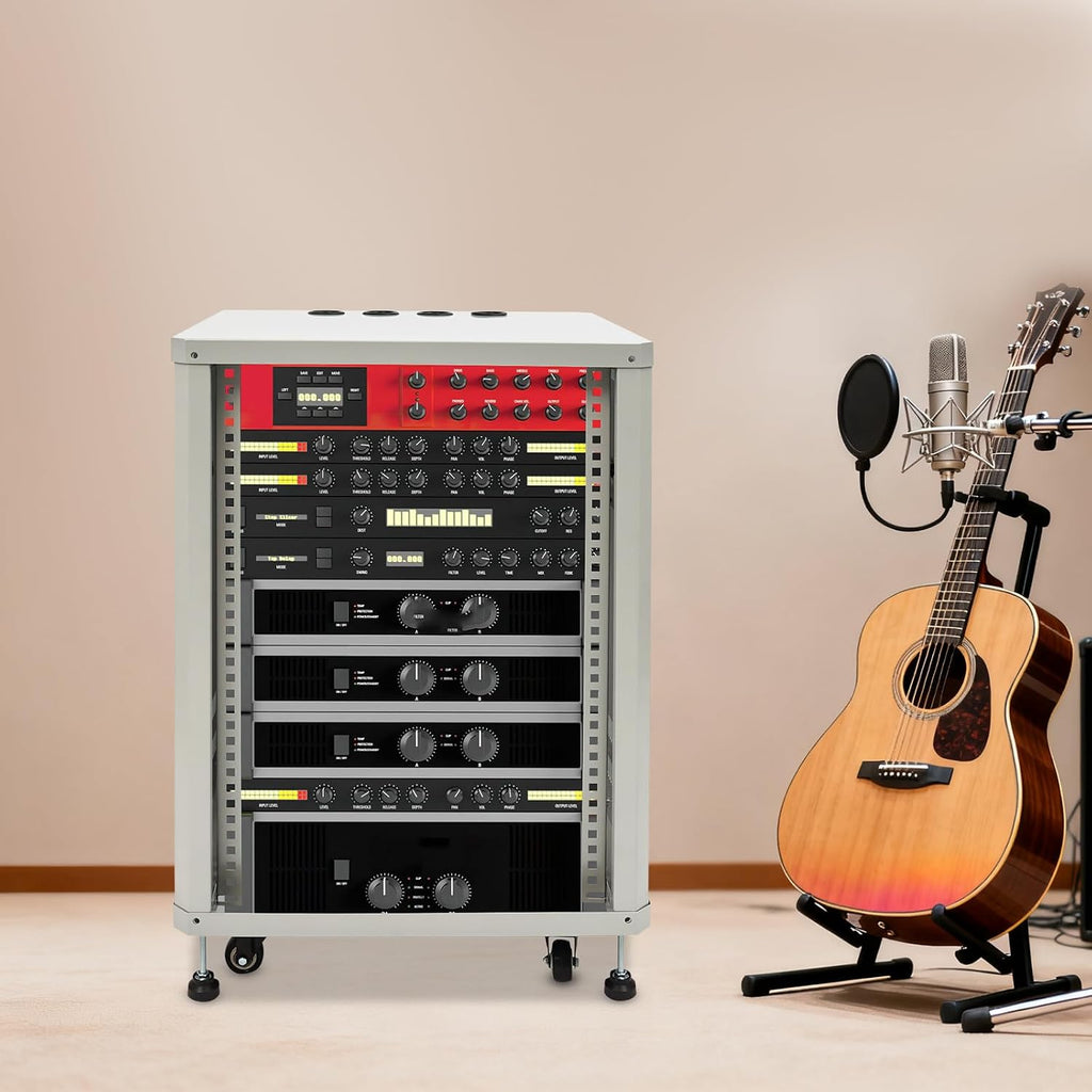 15U Server Rack with Wheels&Leveling Feet,Freestanding Rolling Open Frame IT Network Server Cabinet Rack Shelf for Audio Video Music Recording Computer AV Data & IT Equipment,Up to 300 Lbs Load,Grey