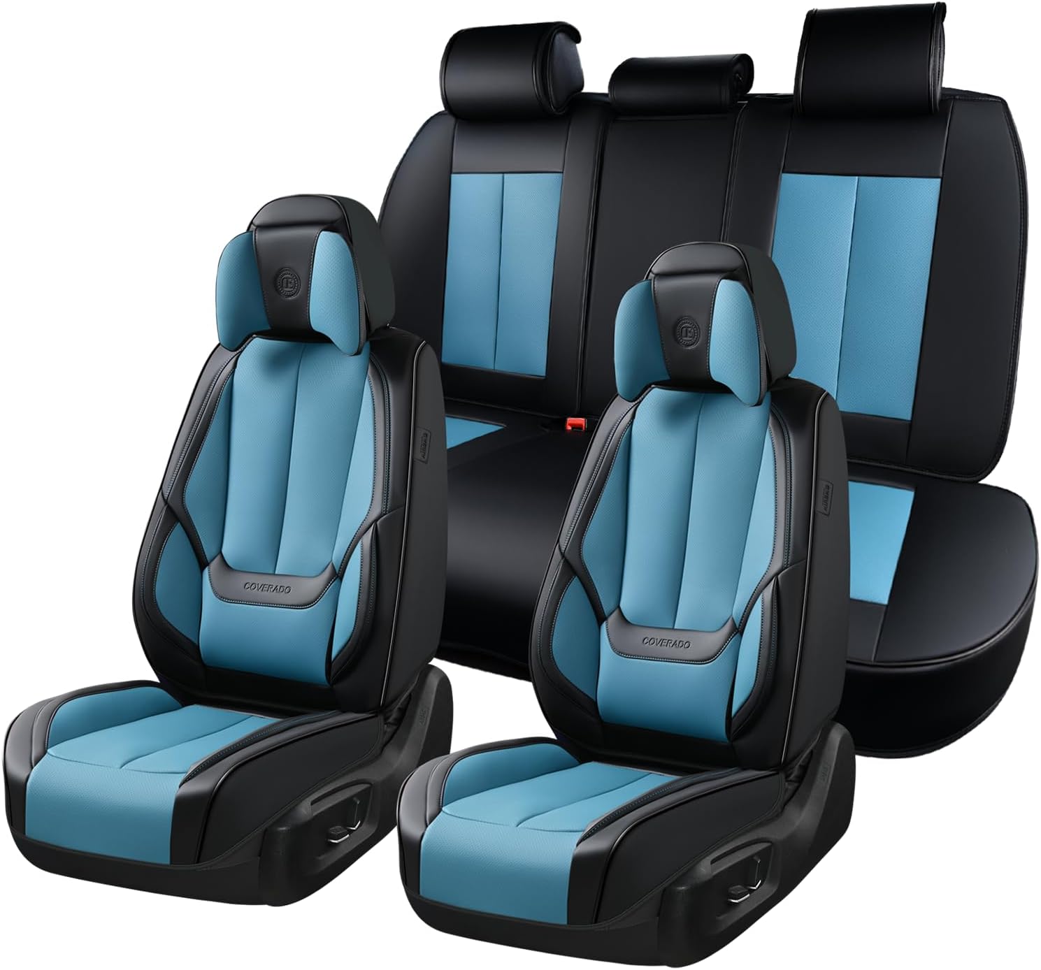 Coverado Seat Covers Full Set, Seat Covers for Cars, 5 Seats Waterproof Nappa Leather Car Seat Covers with Head Pillow, Seat Protectors Car Seat Cushion Universal Fit for Most Cars (Black&Blue)