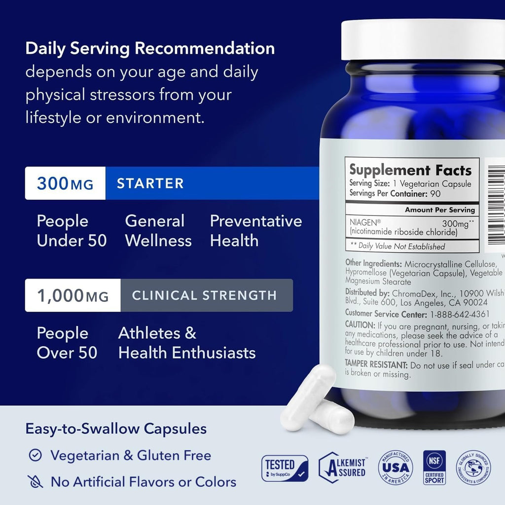 TRU NIAGEN Patented NAD Supplement for Brain Function, Anti Aging & Cell Regeneration, 300mg Niagen, 90 Servings | Supports Cellular Energy, Muscle | Nicotinamide Riboside (NR) Take 1 Daily | 1 Bottle