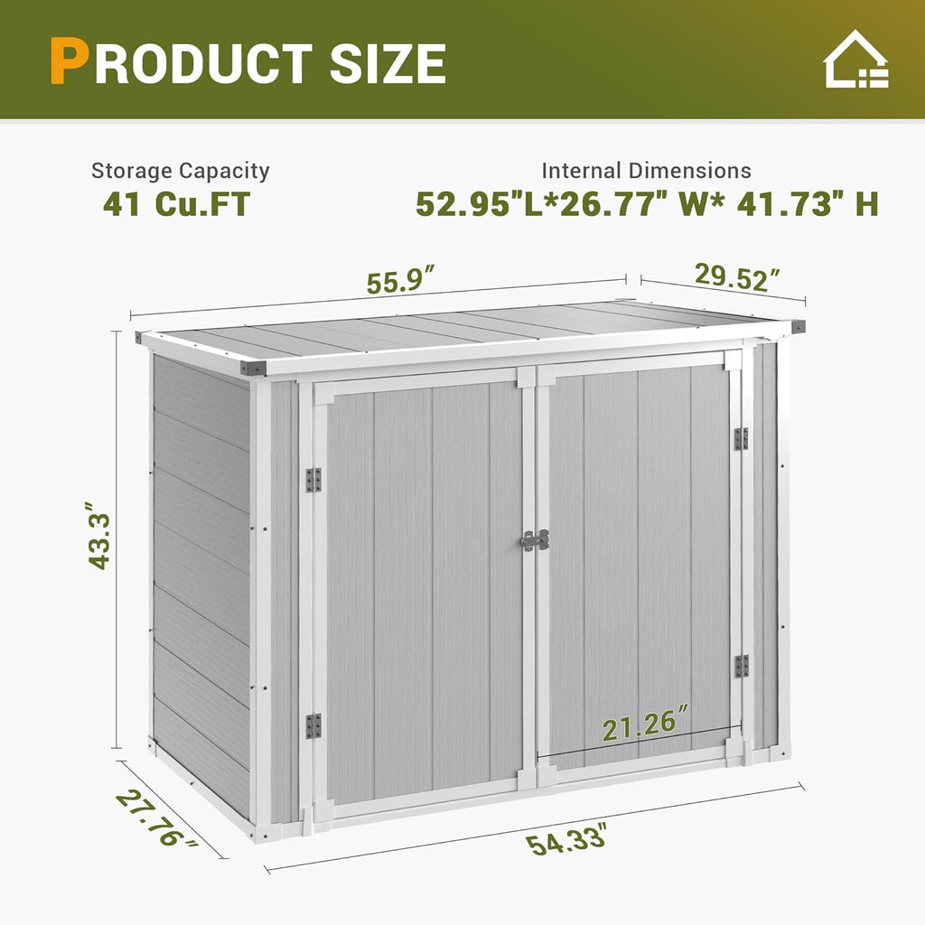 UDPATIO 41 Cu.Ft Horizontal Storage Shed Outdoor, Weatherproof Resin Storage Shed with Floor Thickened, Gas Spring, Lockable Doors for Trash Can Storage, Tools, Lawn Mower, for Patio,（Light Grey）