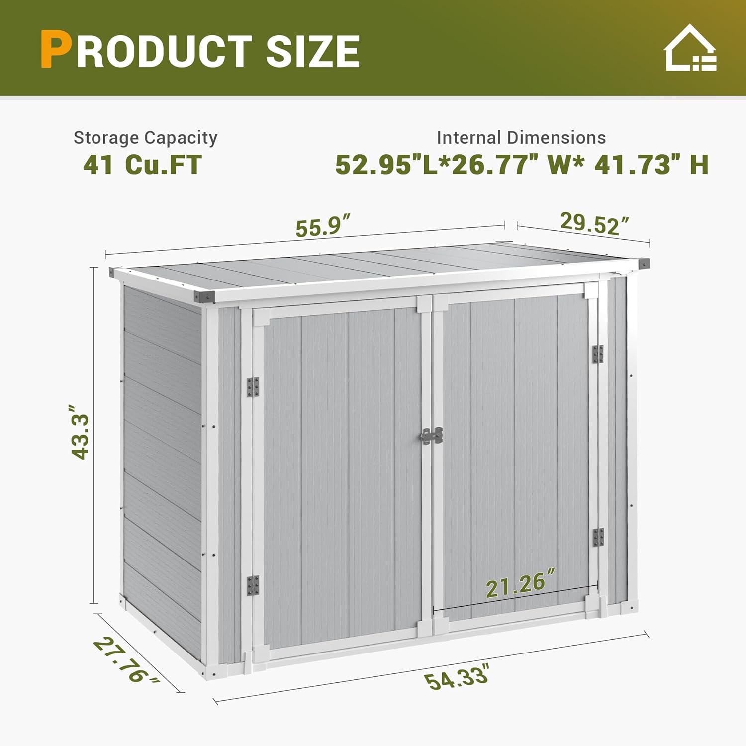 UDPATIO 41 Cu.Ft Horizontal Storage Shed Outdoor, Weatherproof Resin Storage Shed with Floor Thickened, Gas Spring, Lockable Doors for Trash Can Storage, Tools, Lawn Mower, for Patio,（Light Grey）