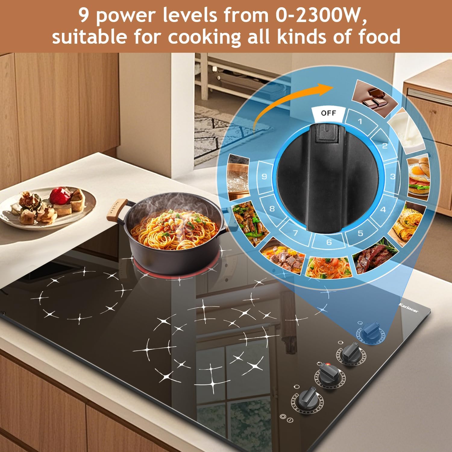 Karinear 4 Burner Electric Cooktop 30 Inch, Knob Control Built-in Electric Stove Top, 30' Radiant Ceramic Cooktop, 9 Power Level, Hot Warning, Expandable Burner, 220V 6700W, No Plug