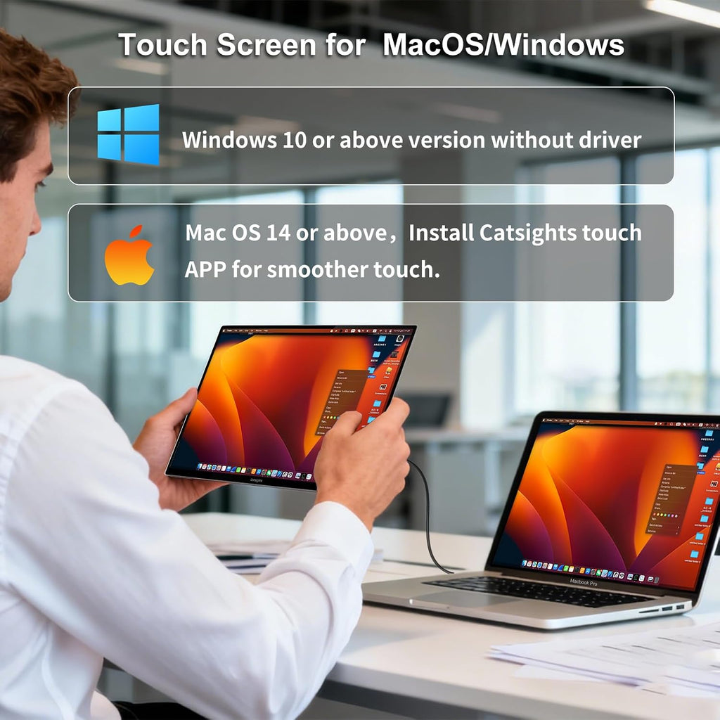 Portable Monitor Touchscreen for Mac 13.3' 2.5K Touch Screen Monitor with Protective Sleeve, USB-C Plug & Play 1500:1 0.22' Laptop Screen Extender for Mac Laptop PC with Stand and Stylus