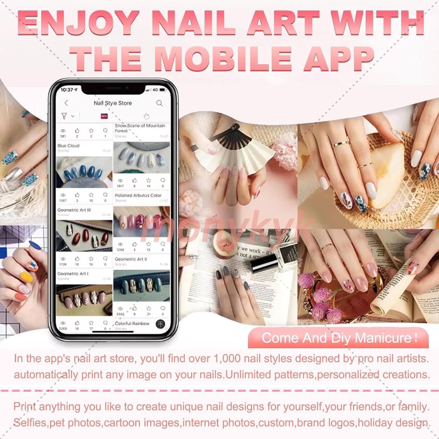 Smart 3D Nail Printer-App/WiFi Connection Control/Ink Cartridges,10s Gel Nail Art | 4800 Dpi Chip-Resistant Prints | Auto Nail Detection for Perfect DIY Manicures,Girls' Home Nails