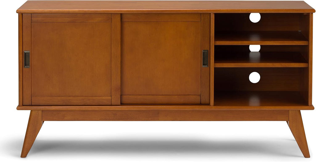 SIMPLIHOME Draper TV Stand - 60 inch Wide Solid Wood Media Console in Teak Brown, Mid Century Modern Entertainment Center for Living Room for TVs up to 65 Inches with Shelves and Cable Management