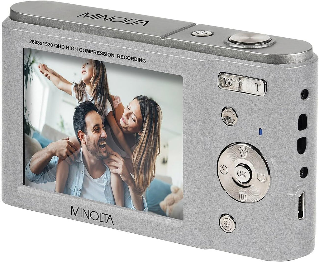 Minolta MND20 44 MP / 2.7K Quad HD Digital Camera (Silver) + 32GB Memory Card + 12 inch Flexible Tripod + Memory Card Wallet + USB Card Reader, SD/microSD + More