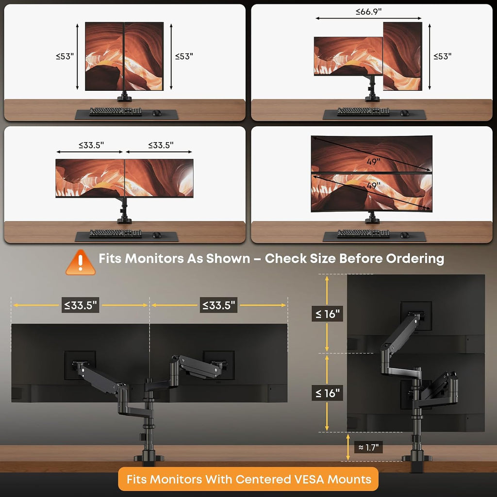 PUTORSEN 17-49 inch Premium Aluminum Heavy Duty Dual Monitor Arm for Ultrawide Screens up to 44lbs, Vertical Stacked Dual Monitor Desk Mount, Full Motion Dual Vertical Monitor Mount, VESA 75/100,Black