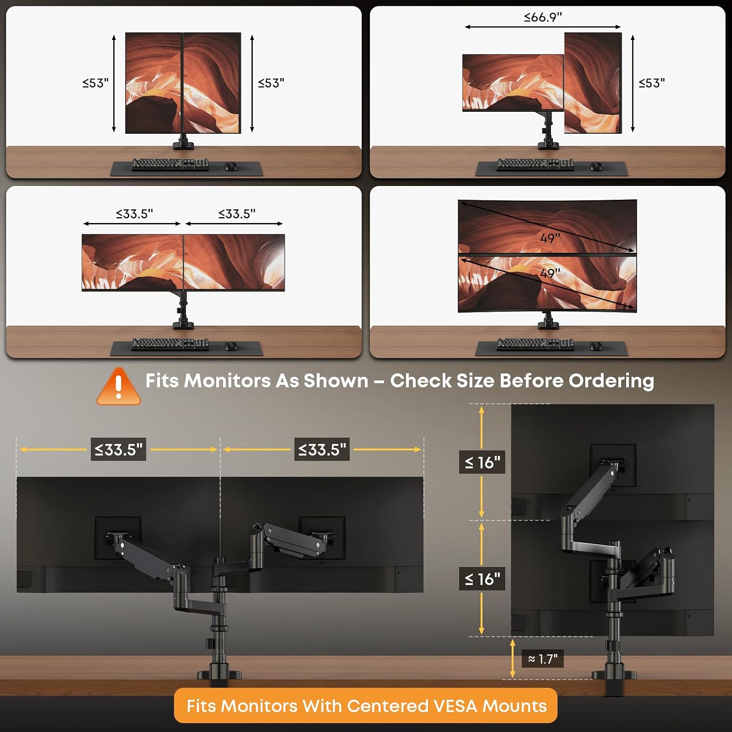 PUTORSEN 17-49 inch Premium Aluminum Heavy Duty Dual Monitor Arm for Ultrawide Screens up to 44lbs, Vertical Stacked Dual Monitor Desk Mount, Full Motion Dual Vertical Monitor Mount, VESA 75/100,Black