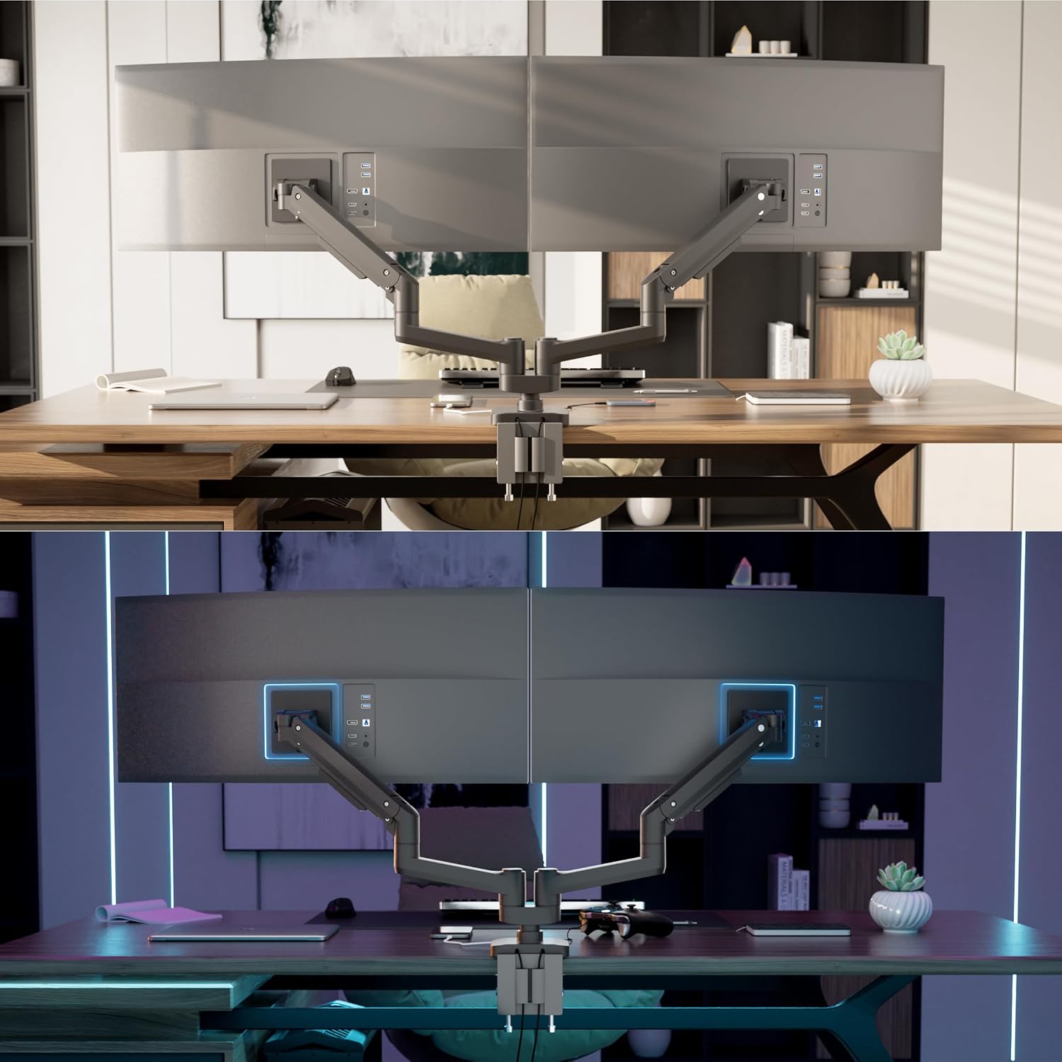 Mount-It! Proflex Series Heavy-Duty Dual Monitor Arm for 17–35' Screens, Gas Spring, Full Motion, USB-C & USB 3.0 Ports, VESA 75/100, Fits Ultrawide & Curved Displays, Clamp or Grommet Base