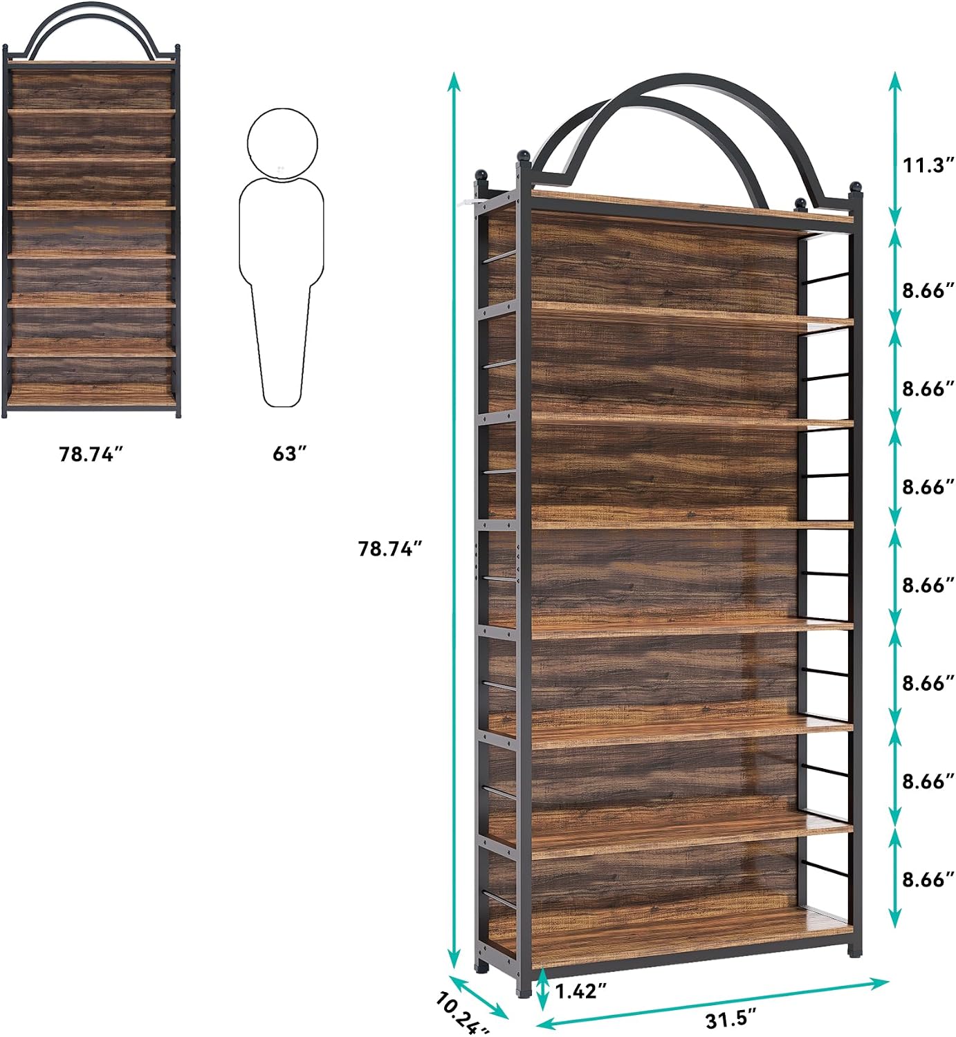 8-Tier CD Storage Racks,CDs DVDs Game Video Media Organizer Cabinet with 7 Shelves,78.7' Arched-Top Industrial Tall Bookshelf Display Bookcase Brown Black