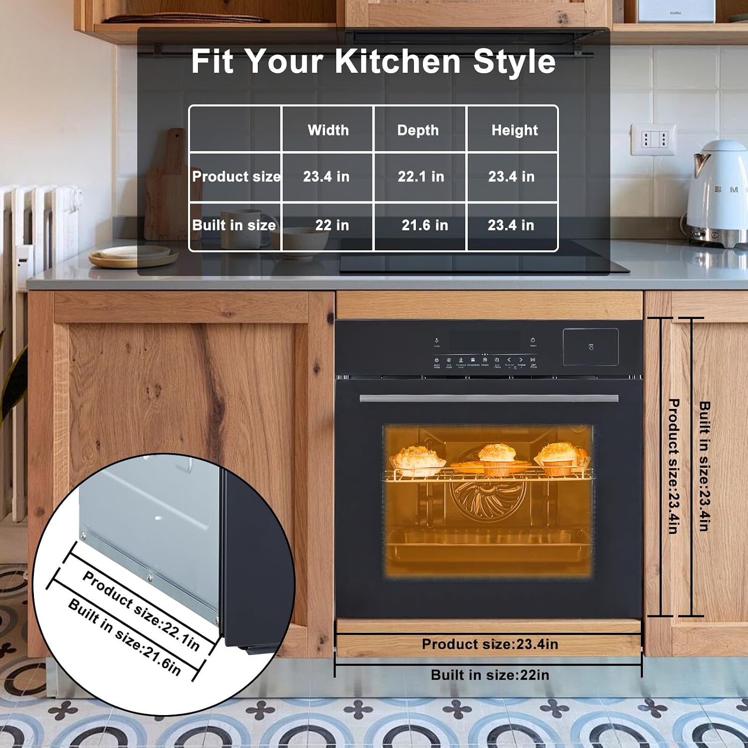 24 Inch Stainless Steel Toaster Oven and Black Air Fryer Combo: 70L Capacity, 3D Heating with Steam, Touch Control, Multi-Function Modes for Countertop Built-in Use