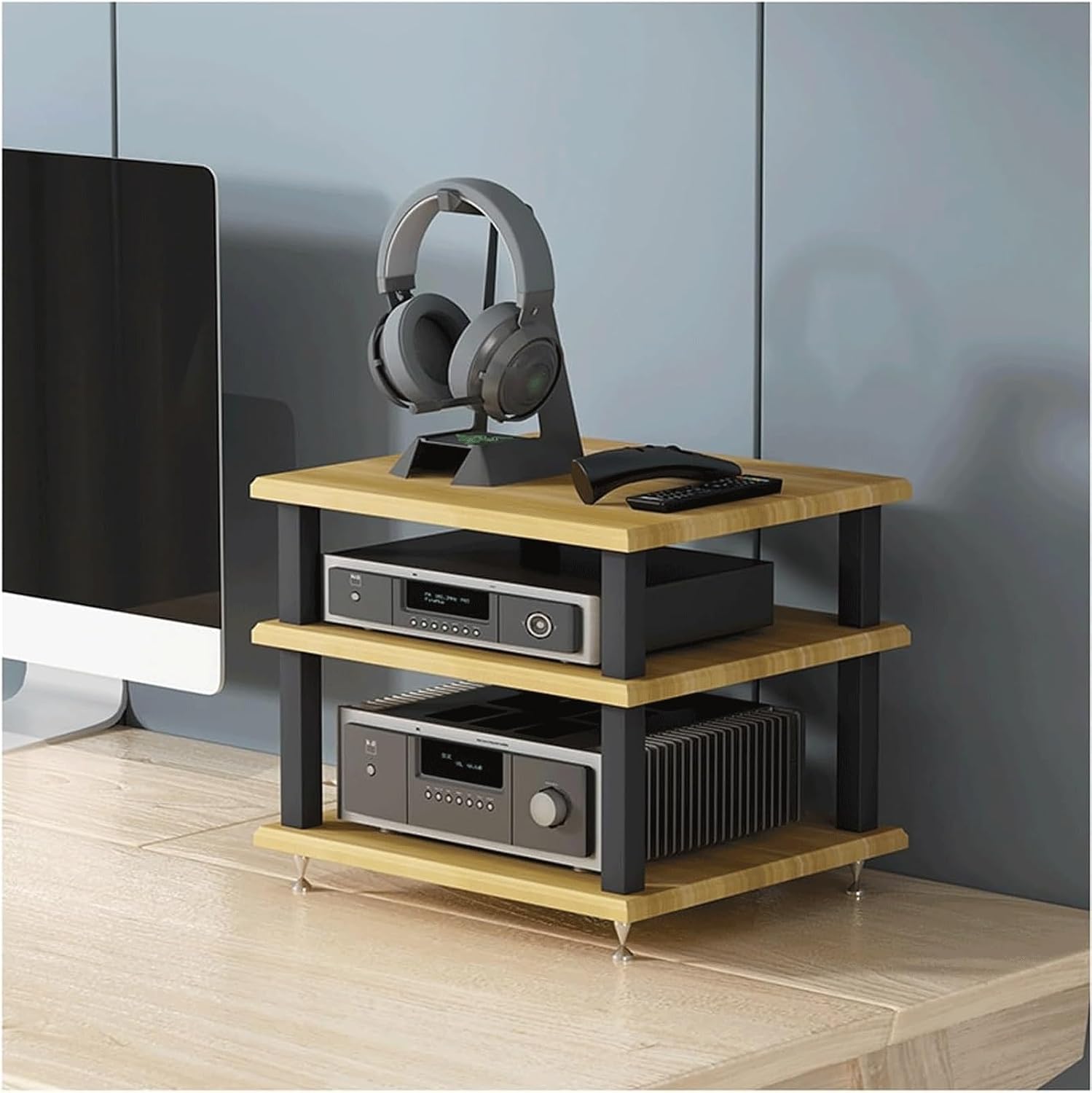 Audio Rack 2/3/4 Tier Stereo Rack Audio Equipment Rack Audio Stereo Shelf Wooden HiFi Rack Audio-Video Shelving HiFi Rack Shock Durable(Natural,3 Tier)