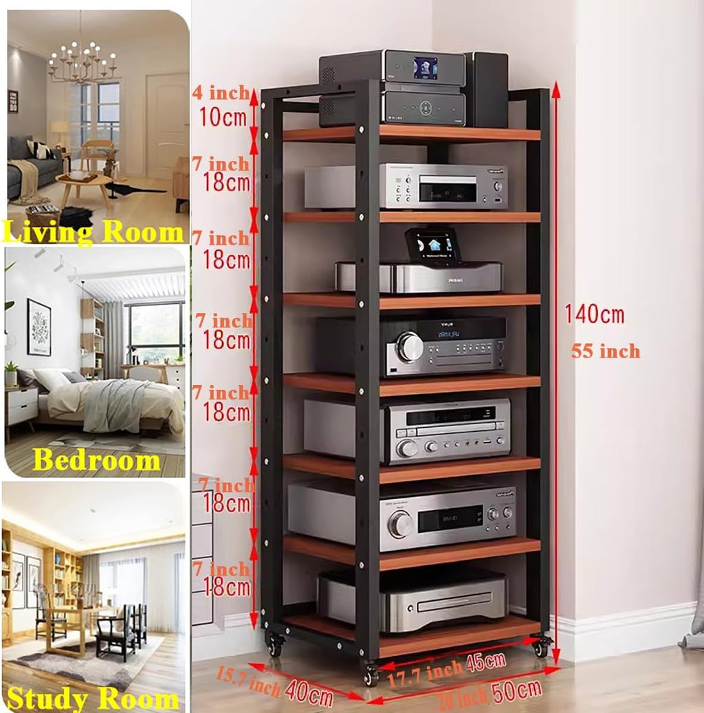 Media Stand 7 Tier 55 Inch Tall Audio Equipment Rack Rolling Cart, Large Stereo Cabinets Turntable Record Player Shelf Av Media Tower with Storage, Office Home Bedroom Li,White7 Tier