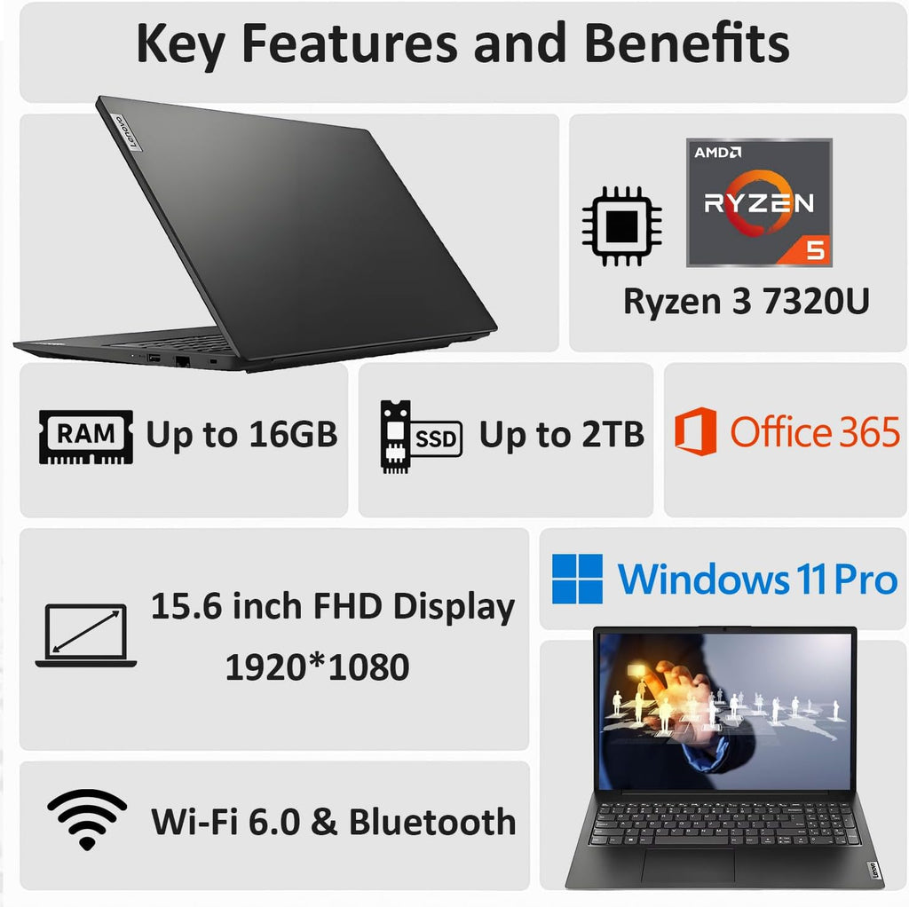 Lenovo New V15 Laptop for Student & Business with Microsoft Office, AMD Ryzen 3 7320U (Beat i7-1065G7), 15.6'' FHD, Radeon Graphics, 16GB RAM, 1TB SSD, Ethernet Port RJ-45, WiFi-6, Windows 11 Pro
