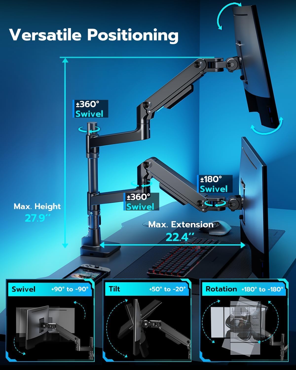 ARES WING Dual Monitor Arm for Ultrawide Heavy Duty Curved Monitor Stacking, Fits 17-49 Inch, Vertical Gas Spring Double Monitor Stand with USB, Adjustable Dual Monitor Mount for Desk, Black