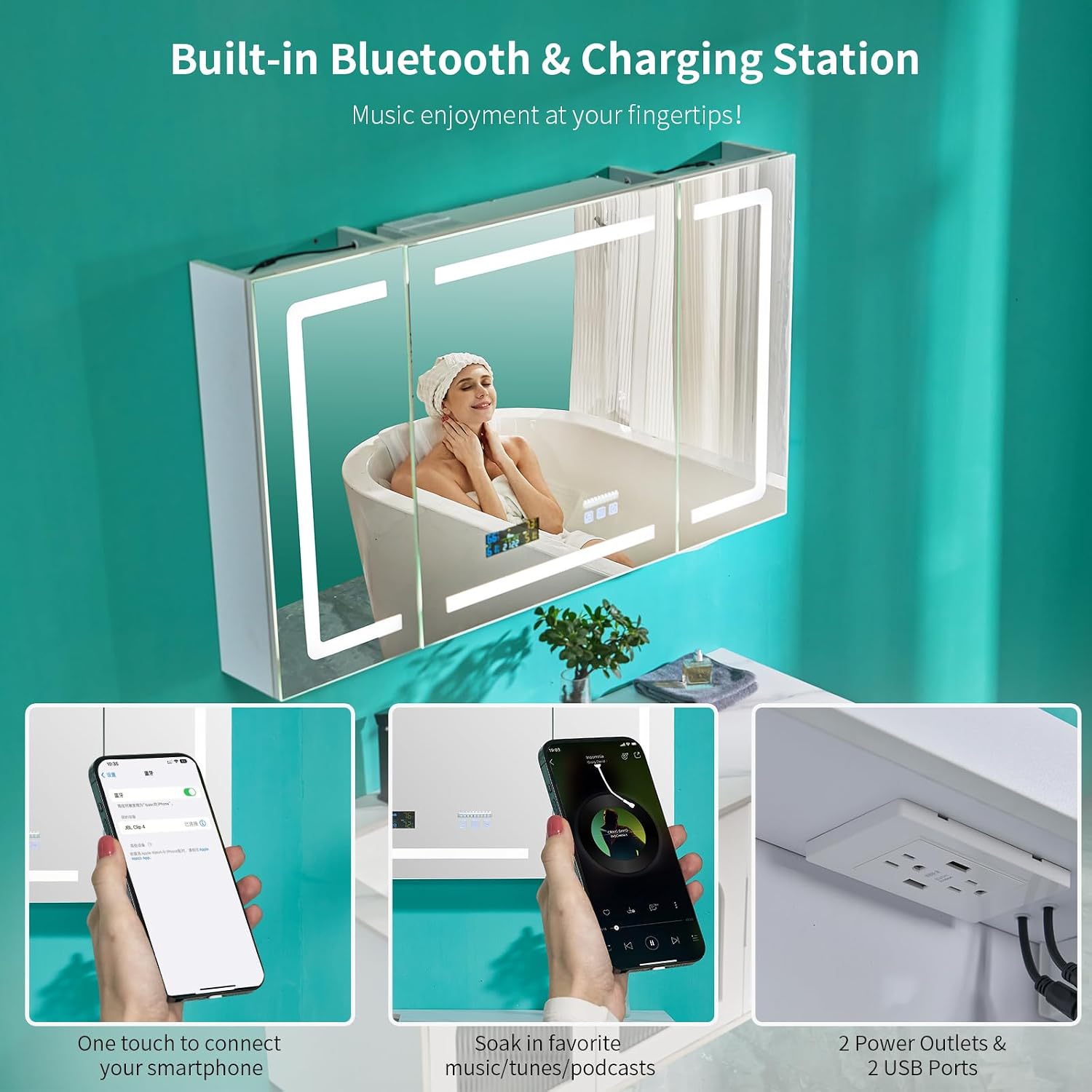 FCH LED Medicine Cabinet with Smart Mirror, 48' Wide Bathroom Medicine Cabinet with Bluetooth& Speaker, Clock, Room Temp Display, Defog, Stepless Dimming, 3-Color Temper Change, Outlets & USBs