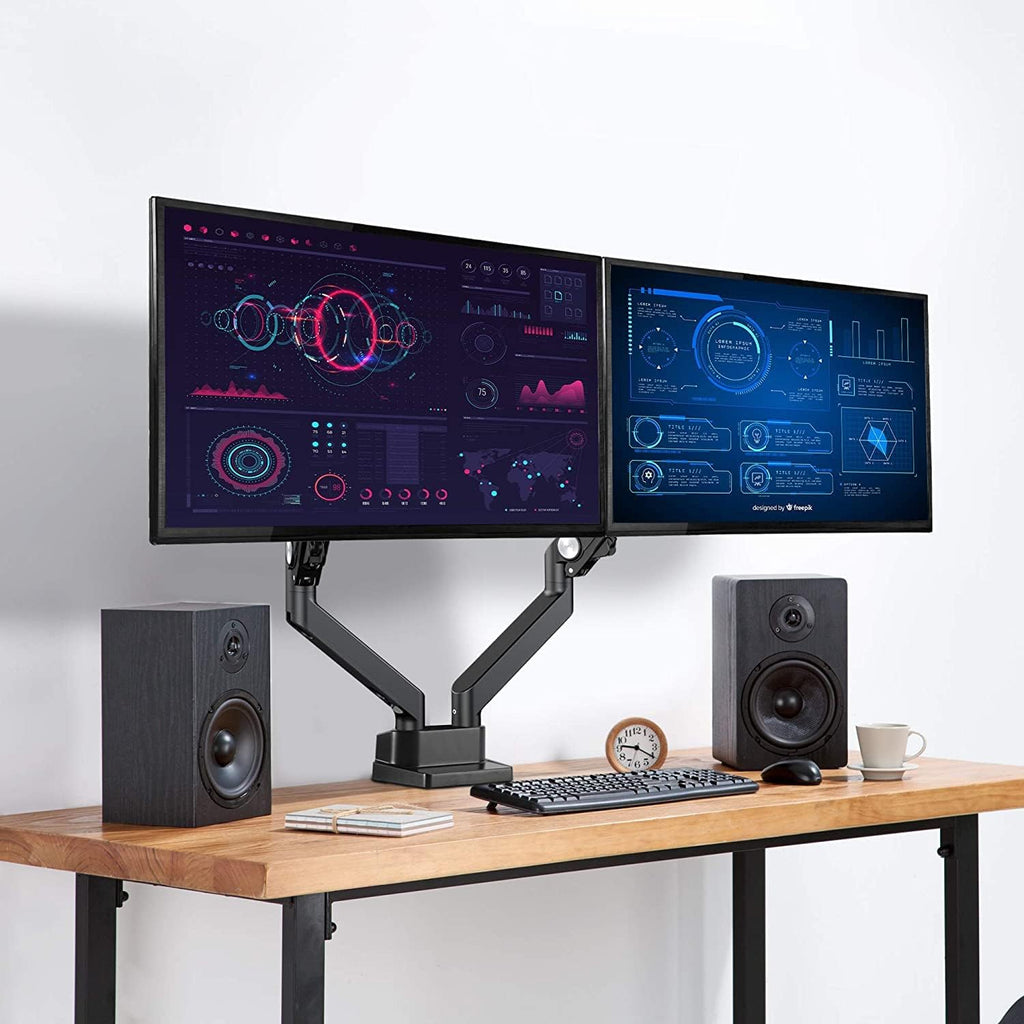 AVLT Dual Monitor Arm 17'-35' | Full Motion Desk Mount for 2 Flat/Curved Screens | Height Adjustable Swivel Tilt Rotation | Heavy-Duty VESA Mount with C-Clamp/Grommet & Cable Management – Black