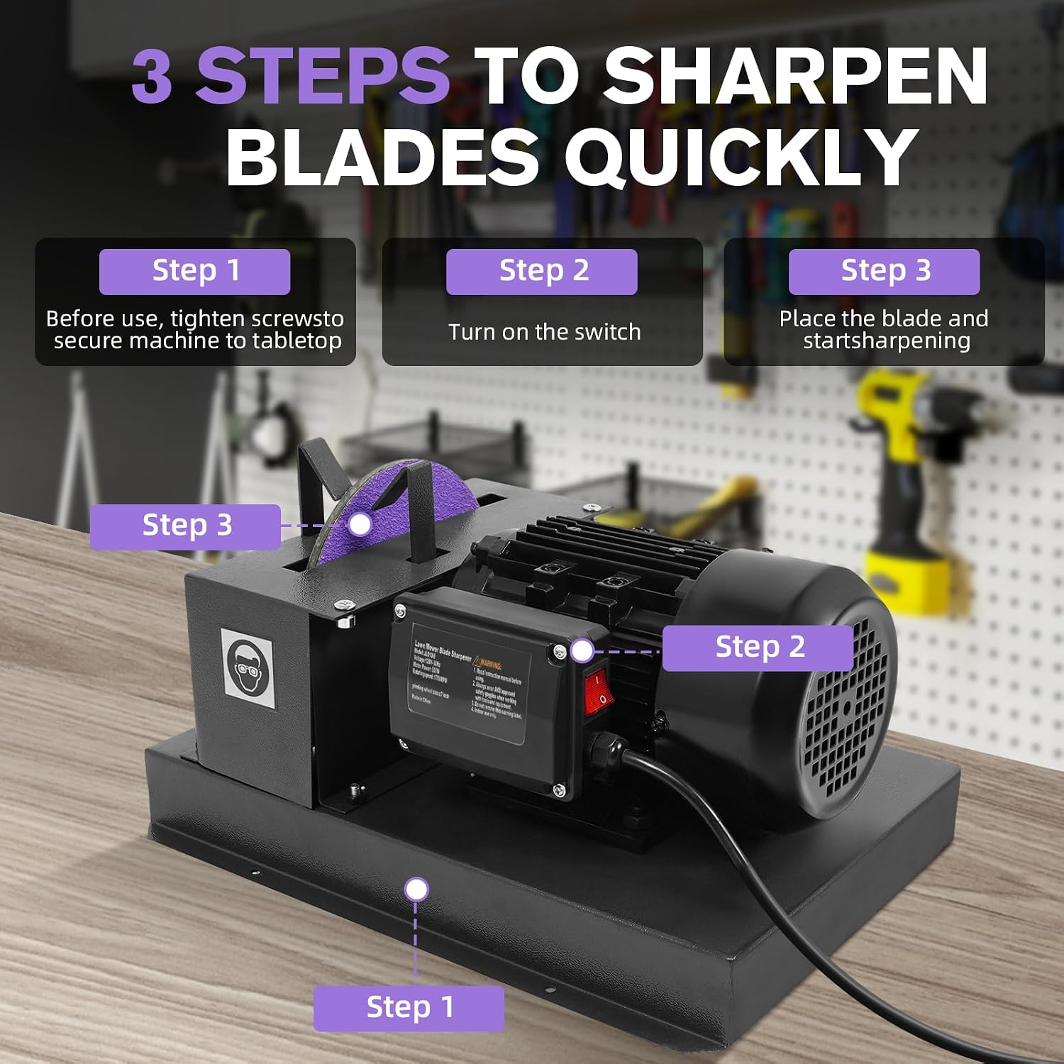 Lawn Mower Blade Sharpener, 2/3HP 500W Lawnmower Blade Grinder with 7-inch Rust-Proof Grinder Tool, 2 Sanding Paper & Bracket, Compact Workbench Sharpening for Durable Blades