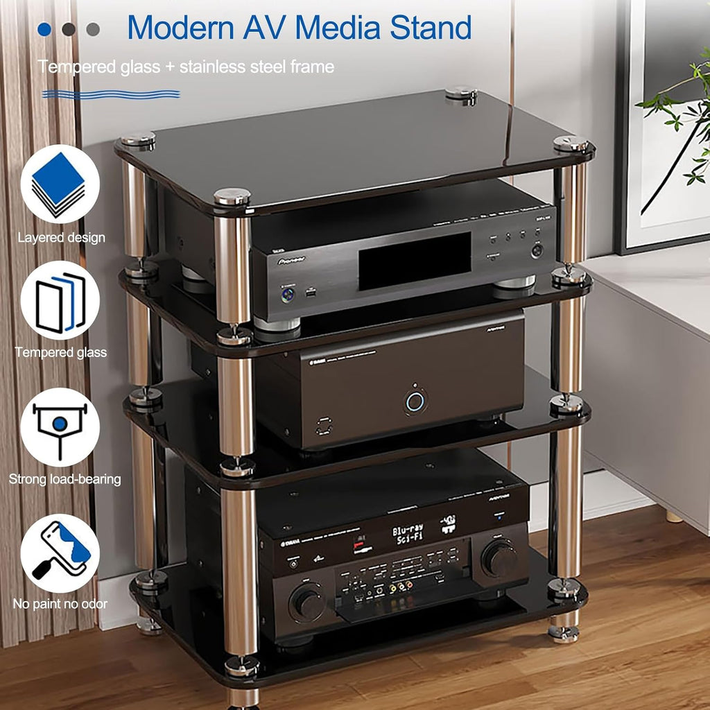 Audio Rack AV Media Stand with 1/2/3/4-Tier Tempered Glass Shelves, Storage Rack Audio Tower Equipment Console Shelf, for Home Office Theater(Black,10cm/3.9in)