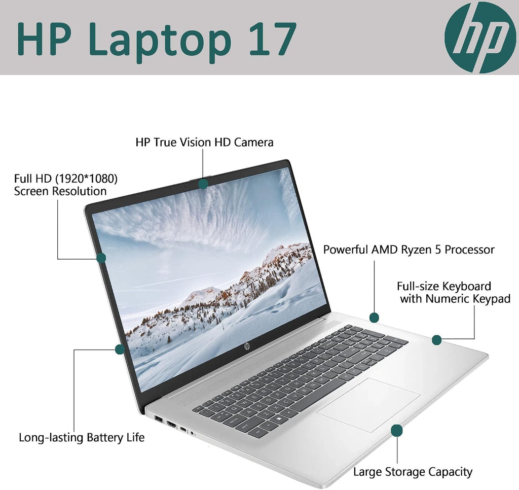HP 17.3' Laptop, Full HD (1920 * 1080) Display, AMD Ryzen 5 Processor (Beats i7-11370H), 16GB RAM, 512GB SSD, Windows 11 Home, Webcam, Wi-Fi, Bluetooth, Natural Silver, Alpacatec Accessory