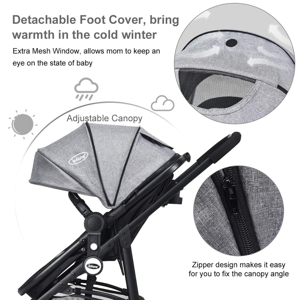 INFANS 2 in 1 Baby Stroller, High Landscape Infant Stroller & Reversible Bassinet Pram, Foldable Pushchair with Adjustable Canopy, Cup Holder, Storage Basket, Suspension Wheels (Volcanic Ash)