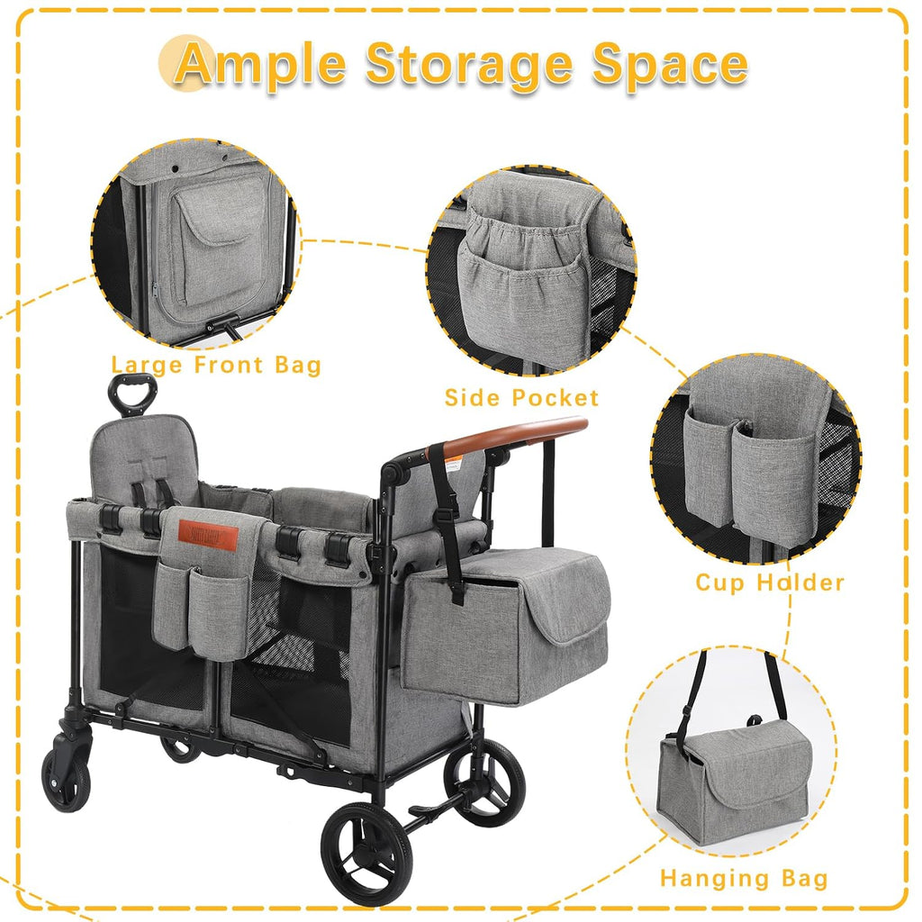 Wagon Stroller for 2 Kids, Foldable All-Terrain Wagon for Kids with Canopy, Adjustable Push and Pull Handles,Convertible High Seat & Organizer, 5 Point Harness (Light Gray)