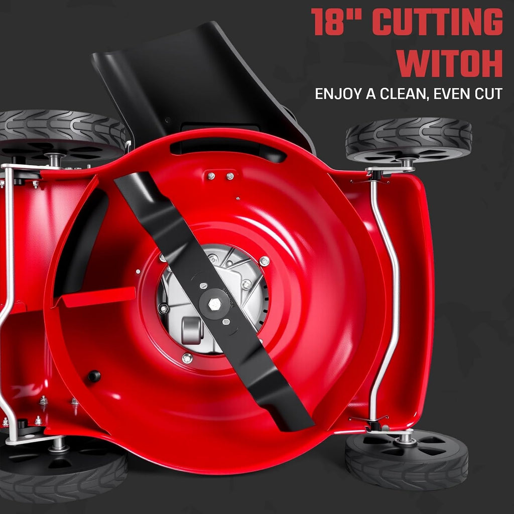 18-Inch 3-in-1 Self Propelled Gas Lawn Mower - 131cc Engine with 50L Grass Bag & Big Wheels for Yard Lawn Care and Landscaping Red