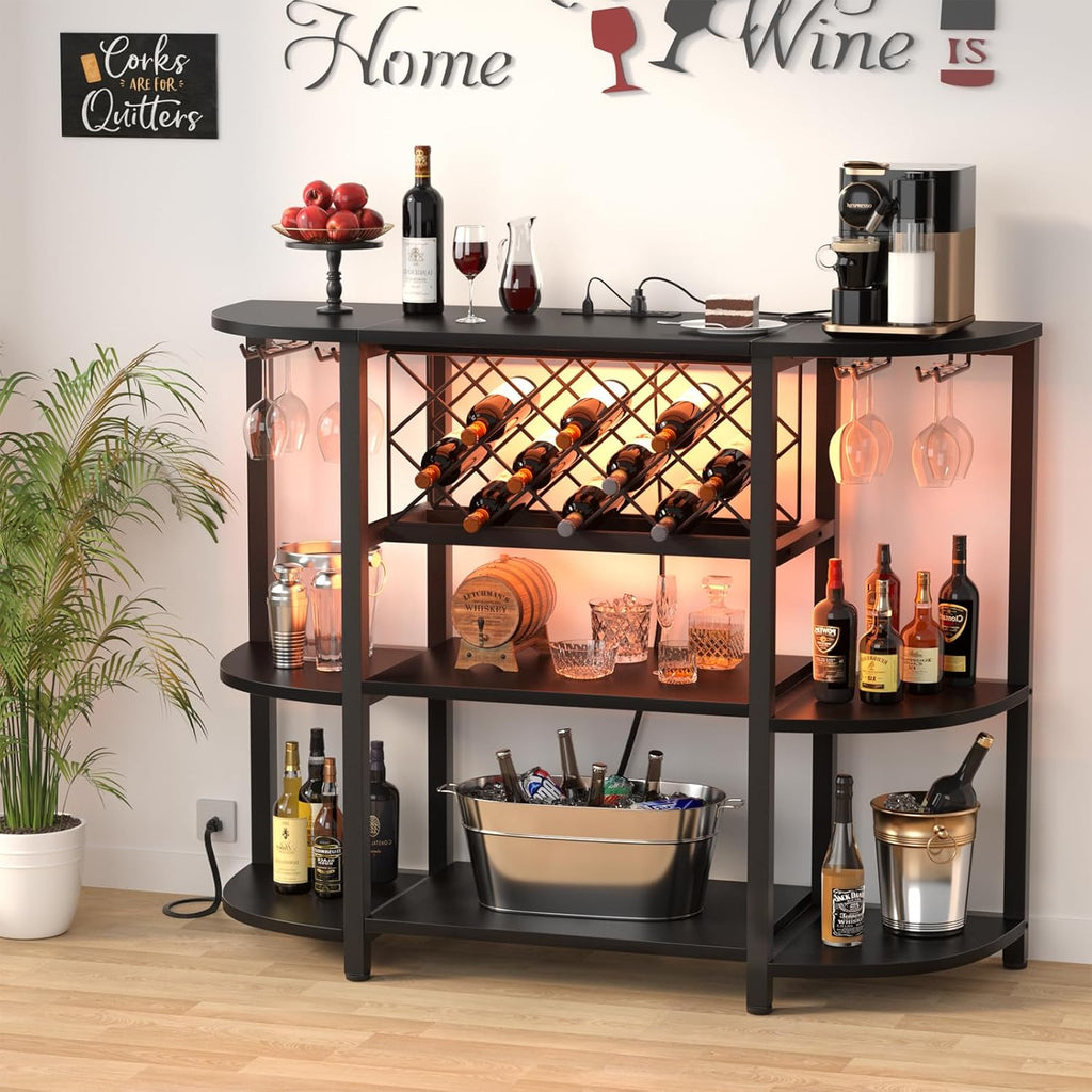 Unikito 4-Tier Metal Coffee Bar Cabinet with Outlet and LED Light, Freestanding Floor Bar Table for Liquor with Glass Holder and Wine Storage, Wine Table Bakers' Rack for Kitchen Dining Room, Black