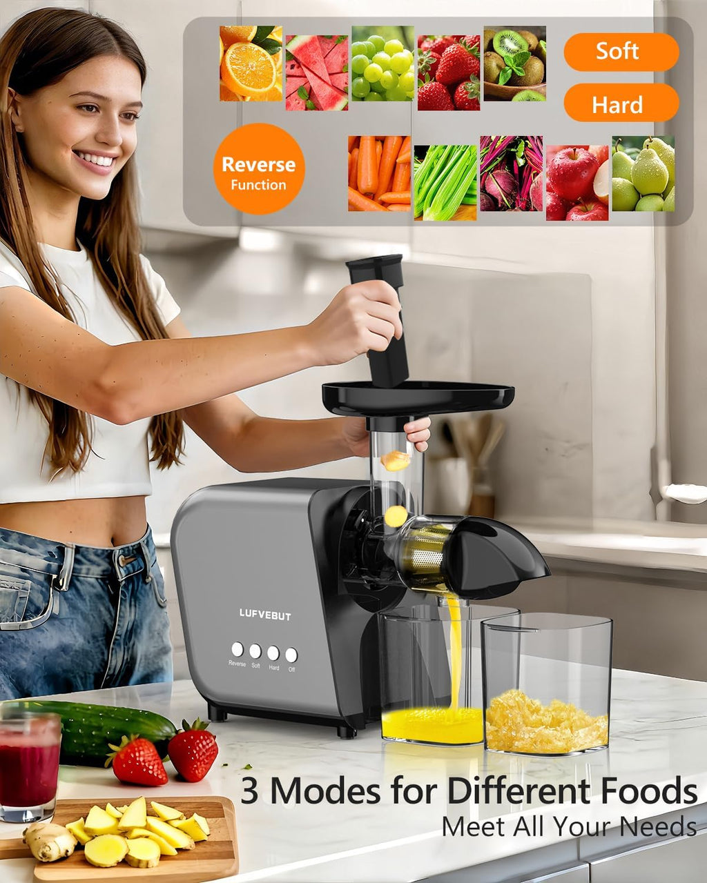 Cold Press Slow Juicer for Fruits & Vegetables Celery Carrot Ginger, Masticating Juicer Machine Soft Hard Mode, Reverse Function,250W Motor, Easy To Clean, Fresh Orange Juice Extractor
