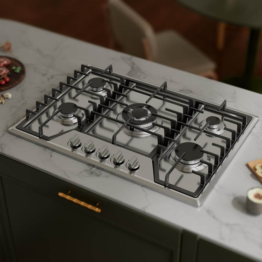 30 inch Gas Cooktop with 5 Sealed Burners, Stainless Steel Drop-in Stove Top, Dishwasher Safe Cast Iron Grates, NG/LPG Convertible, 38K BTU