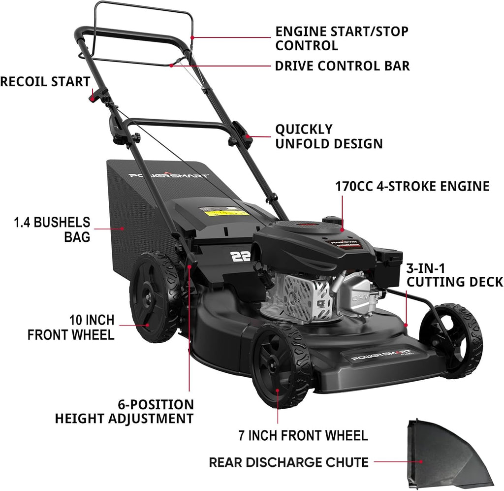 PowerSmart 22-Inch Self Propelled Gas Lawn Mower, 170cc OHV Engine, 3-in-1 Mulch/Bag/Side Discharge, Steel Deck, 6 Height Adjustment, Black