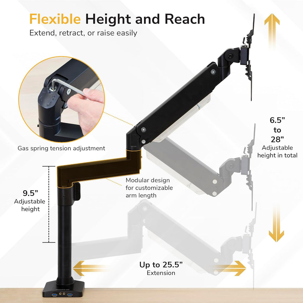 Mount-It! Ultrawide Monitor Arm, Heavy-Duty Gas Spring Desk Mount for 17–35' Curved Screens up to 33 lbs, Full Motion Height Adjustable Monitor Arm with USB 3.0 & Audio Ports, VESA 75/100/200