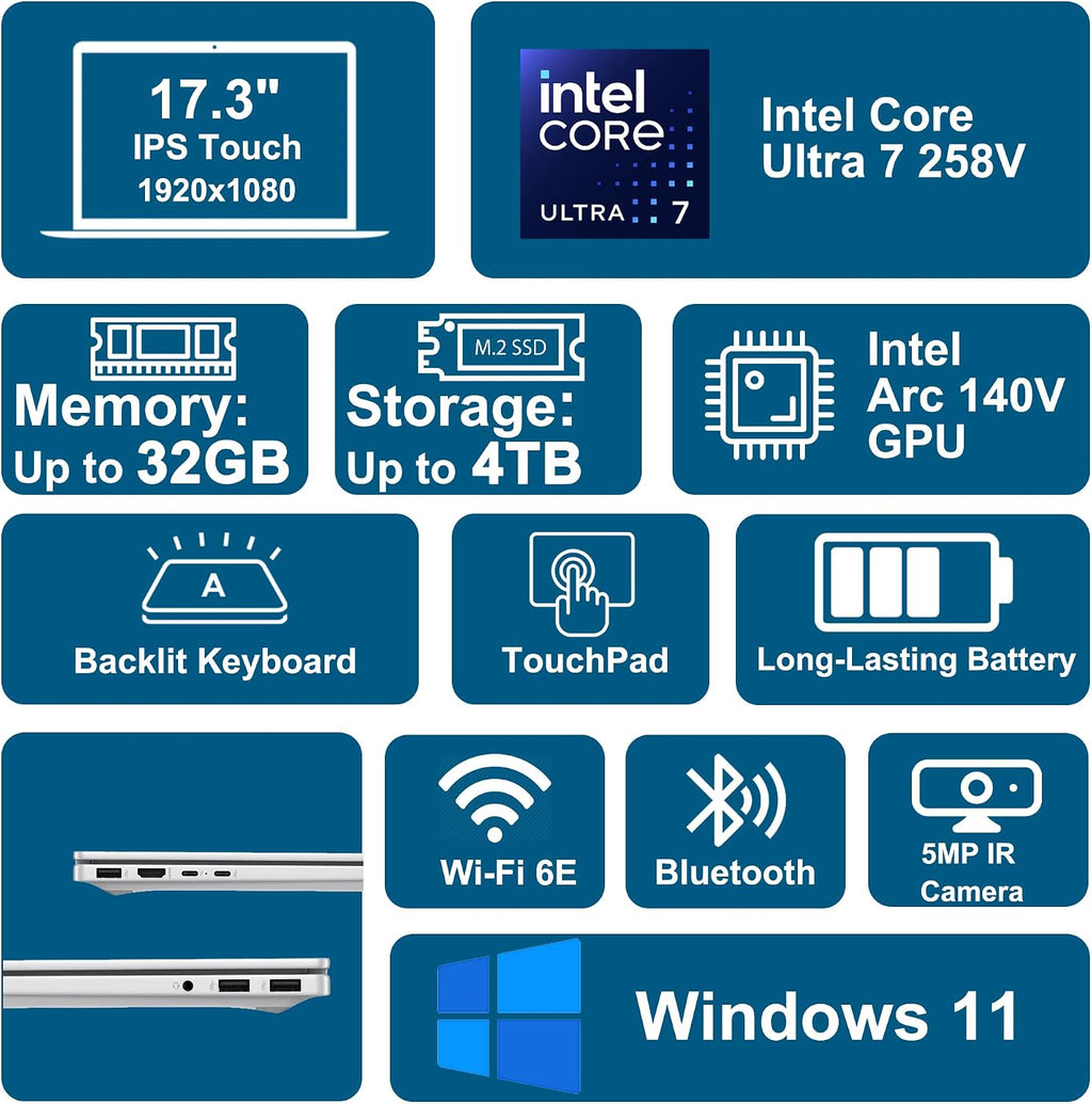 HP OmniBook 7 Laptop 17.3' FHD IPS Touch (400nits, 100% sRGB) Intel 8-core Ultra 7 258V (Up to 47 Tops) 32GB DDR5 2TB SSD for Designer Business Professional Backlit IR Camera Win11 ICP Hub