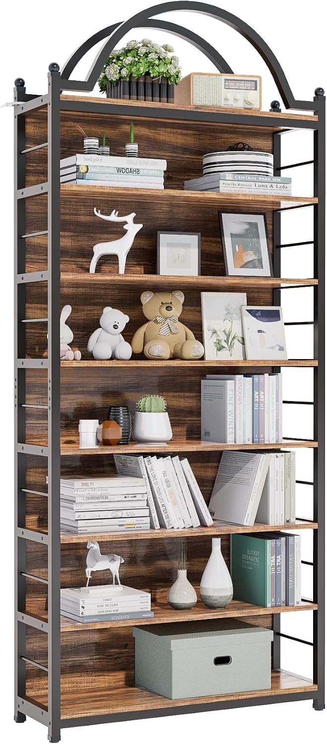 8-Tier CD Storage Racks,CDs DVDs Game Video Media Organizer Cabinet with 7 Shelves,78.7' Arched-Top Industrial Tall Bookshelf Display Bookcase Brown Black