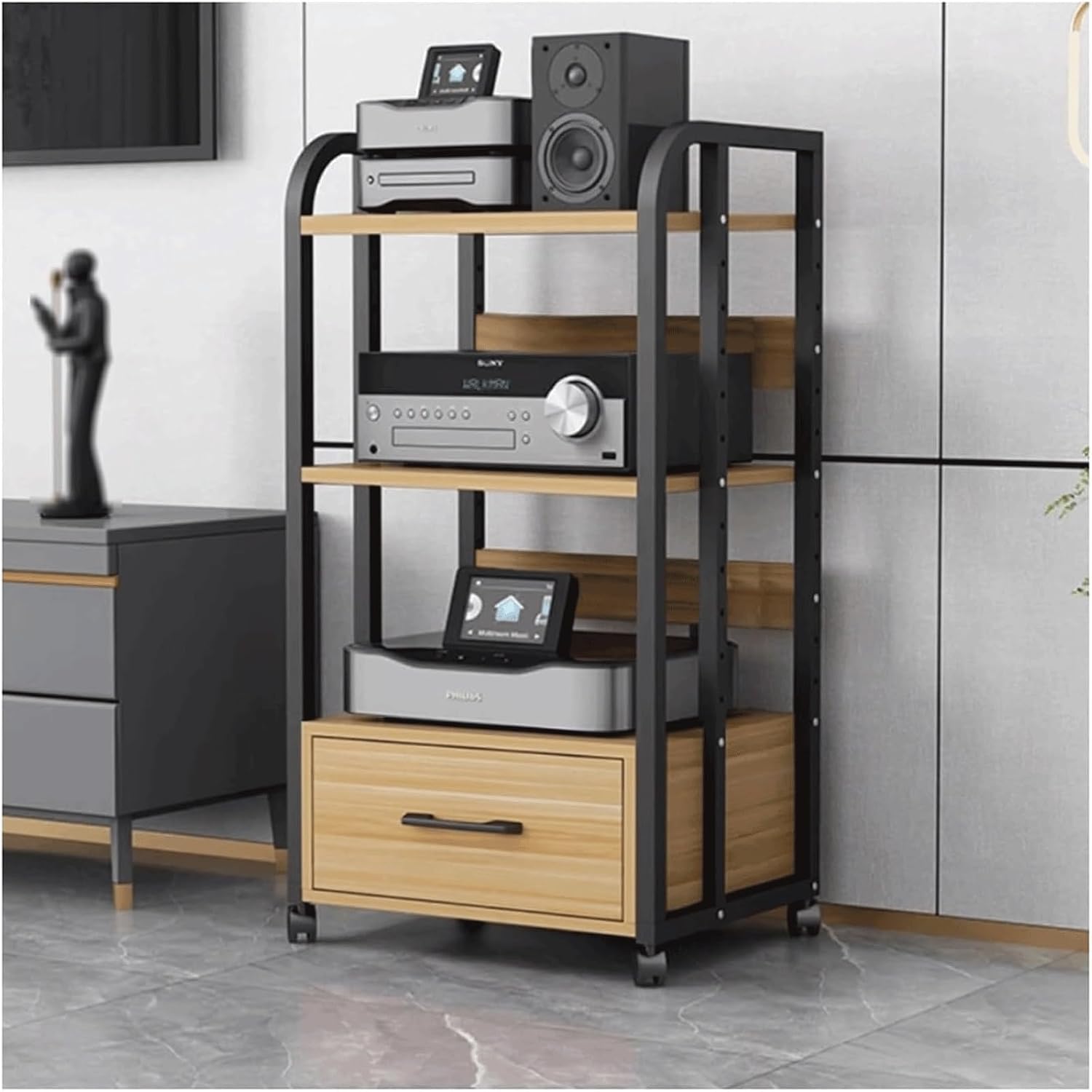 Audio Rack 2/3/4 Tier Stereo Rack Audio Equipment Rack Audio Open Rack Cabinet Wooden with Drawer AV Stand with Adjustable Shelves(Natural,100cm/3 Tier)