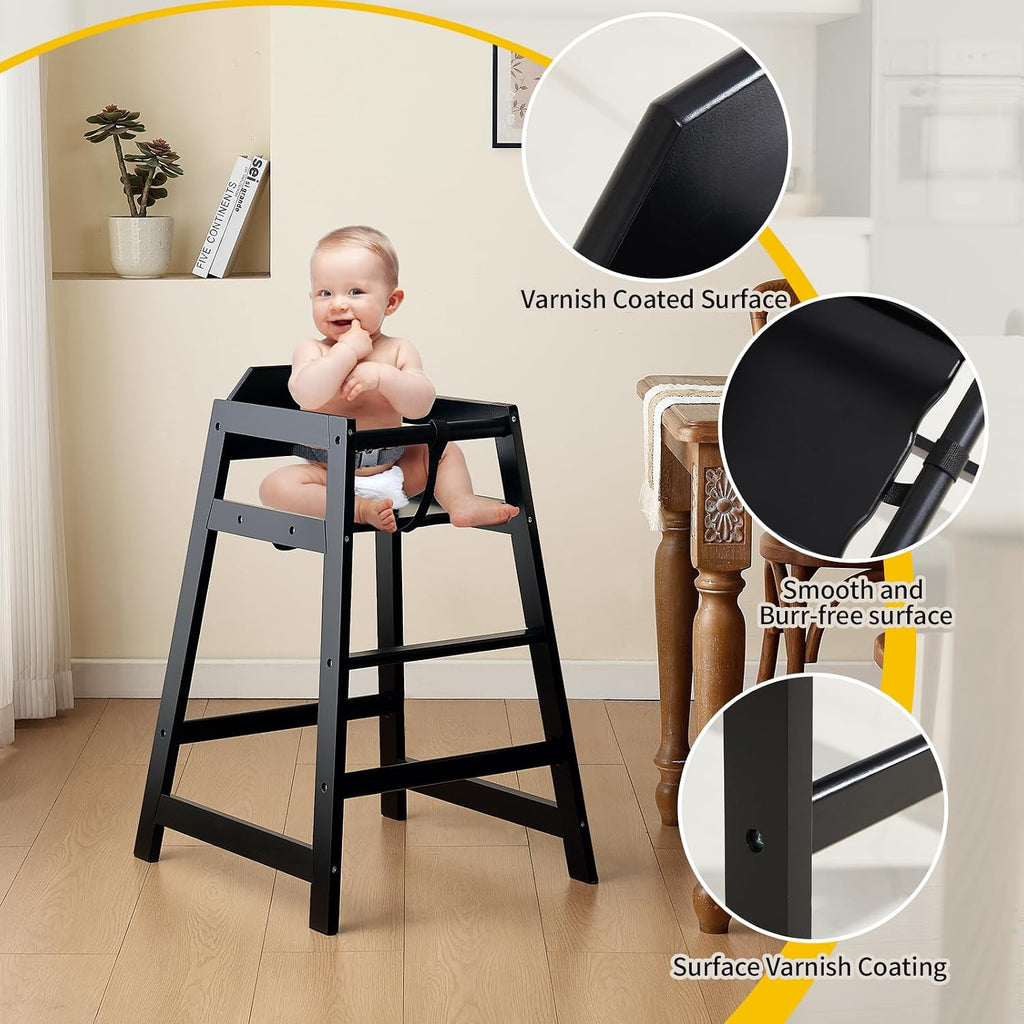 4-Pack Wooden Baby High Chair -Stack-able Solid Wood Feeding Seats, with Commercial Grade Solid Wood for Dining Table & Kitchen - Compact & Portable Design for Restaurant & Home Use（Black）