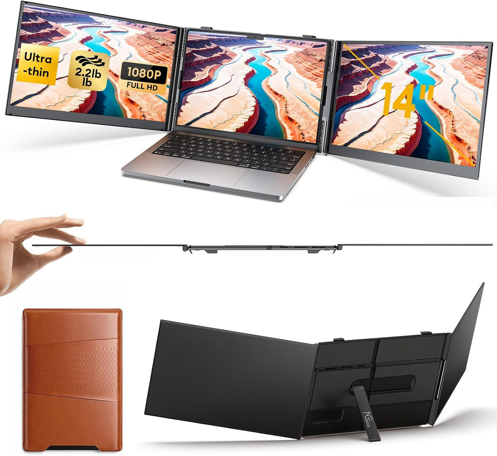 NGTeco 14 Inch Triple Screen Extender for Laptop, FHD 1080P Portable Monitor Ultra-Thin 2.2LB, Plug and Play with H5-T Adapter for 13.3-17.3 Inch Mac Windows Linux Chrome OS