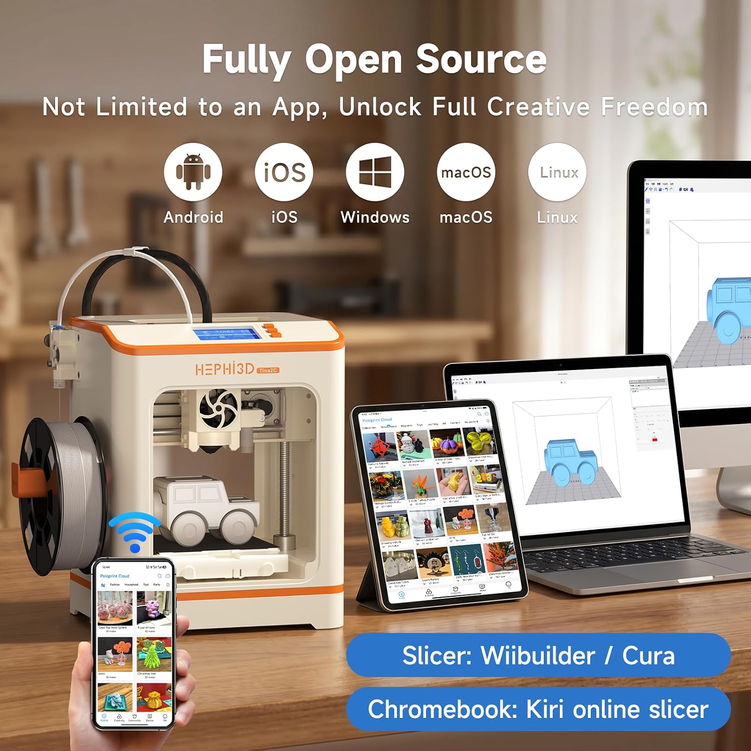 HEPHi3D TINA2C 3D Printer with WiFi Cloud Print, Fully Assembled Mini 3D Printer for Beginners and Kids, Auto Leveling, 2500+ Models APP Control 3D Printers Fully Open Source for Home, School, Office