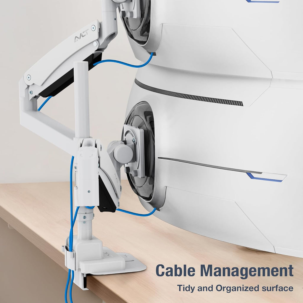 AVLT Dual 57 Inch Heavy Duty Stacking Monitor Arm Pole Top Mount with USB-C&A Ports-White, Height Adjustable, Easy Install Top C-Clamp/Grommet w/Reinforcement Plates, VESA Compatible 200/100/75