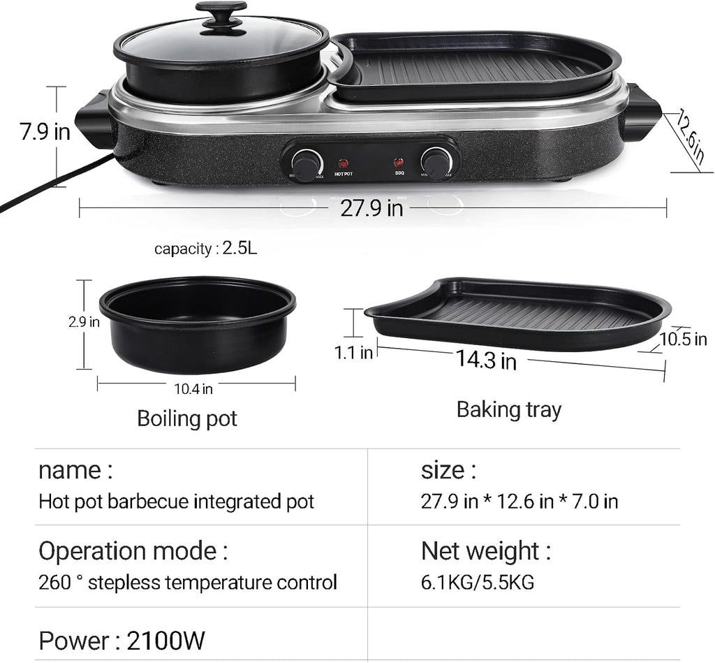Electric Hot Pot Grill Removable 2 in 1 Shabu-shabu Pot Korean BBQ Grill Large Baking Tray Divider Hotpot, Smokeless Non-Stick Cooker Pan, Temperature Control, 2-10 People