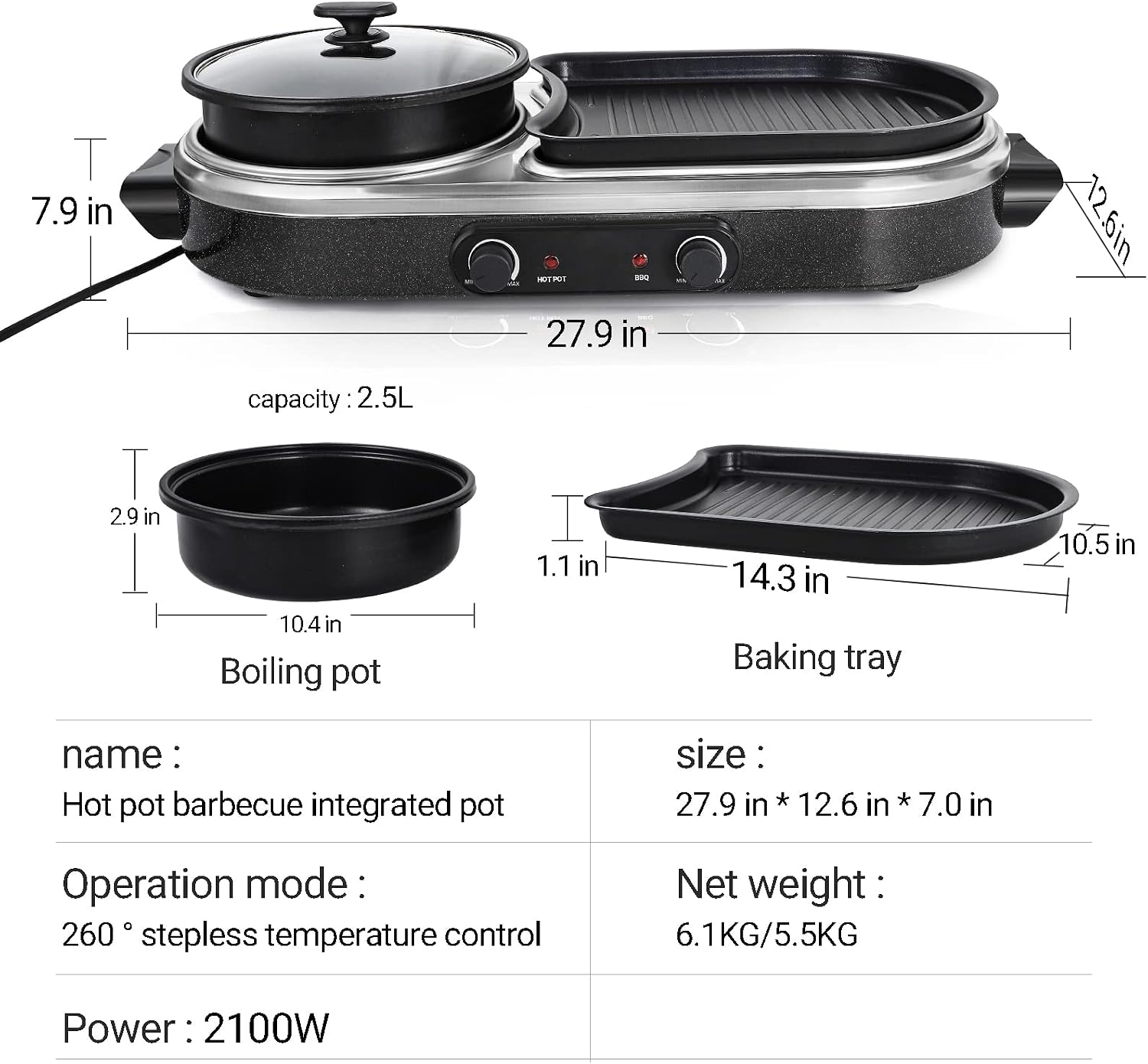 Electric Hot Pot Grill Removable 2 in 1 Shabu-shabu Pot Korean BBQ Grill Large Baking Tray Divider Hotpot, Smokeless Non-Stick Cooker Pan, Temperature Control, 2-10 People