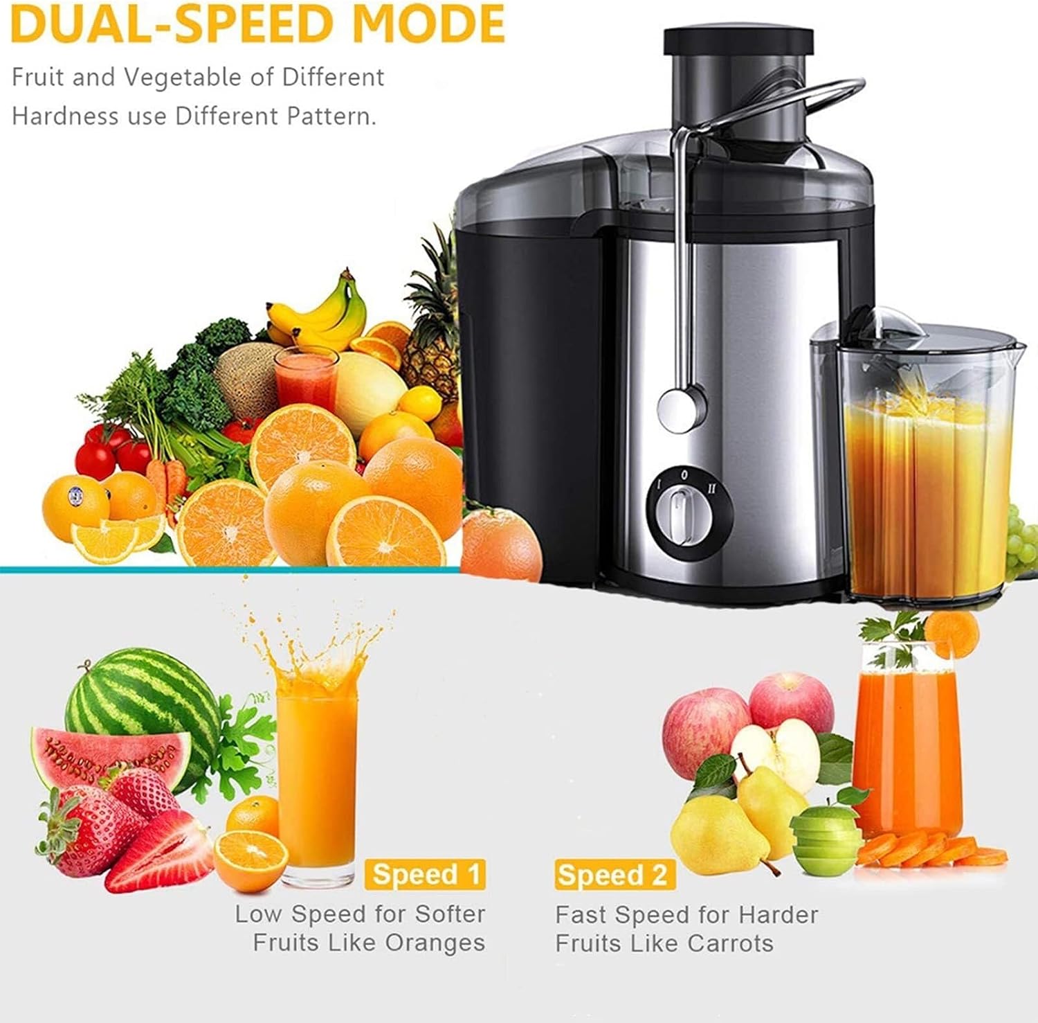 Juicer Machine 800W Electric Separation Centrifugal Orange Juice Extractor Whole Fresh Fruits And Vegetables, Easy To Clean,Stainless Steel with 2 Dual Speed