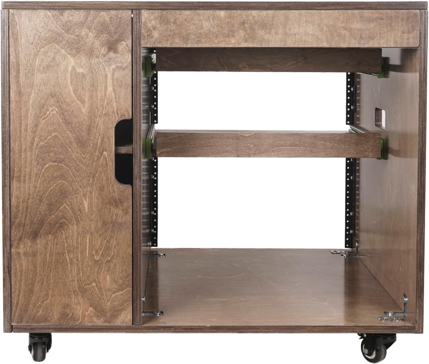 Sound Town DIY 11U Solid Baltic Birch Plywood Plywood Studio Rack with Slide-Out Trays, Cabinet, Casters, Weathered Brown, for Recording Room, Home Studio (SDRK-CR11B)