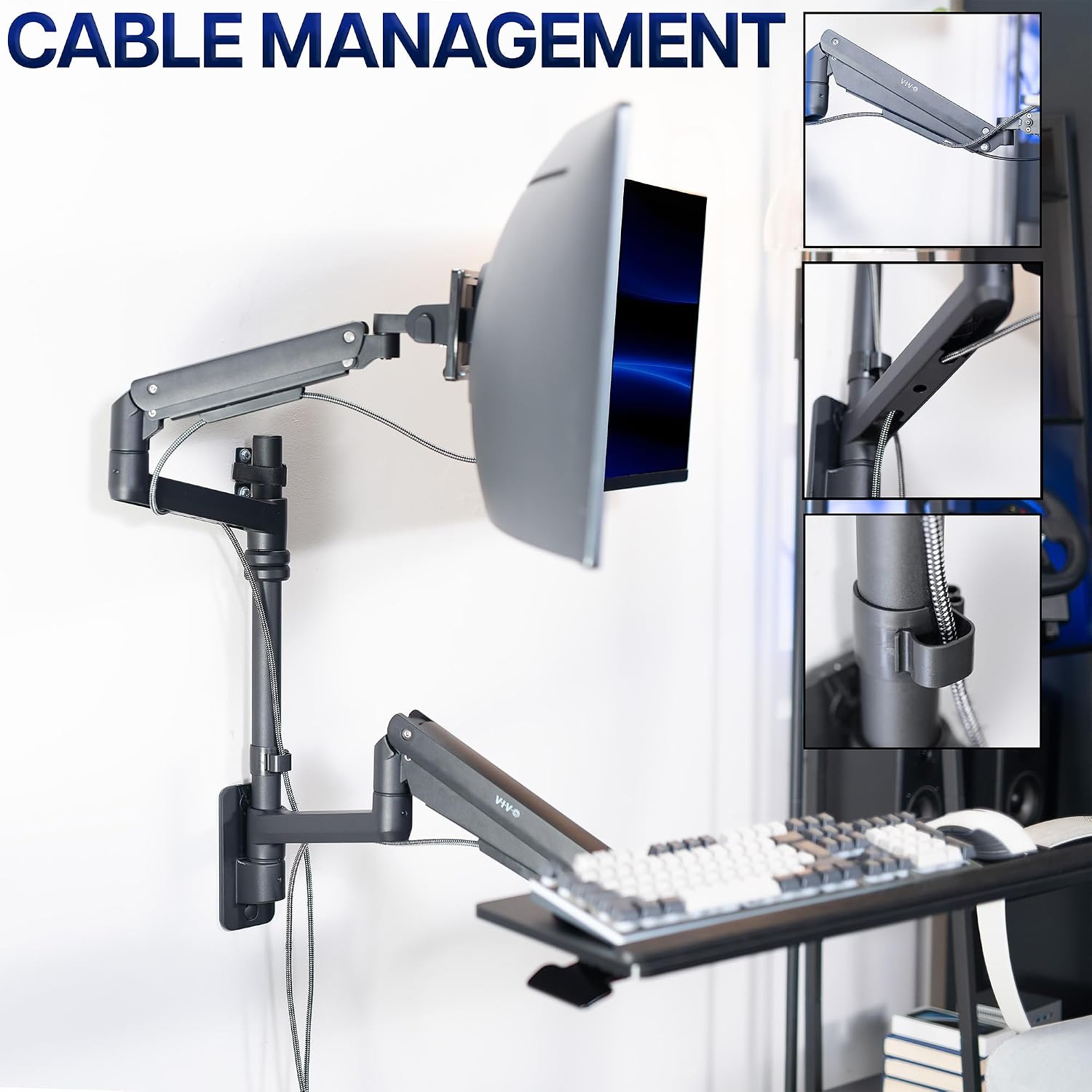 VIVO Sit-Stand Heavy Duty Ultrawide Monitor Wall Mount for Screens up to 49 inches with Height Adjustable Keyboard and Mouse Tray, Pneumatic Arm Computer Workstation, MOUNT-V120KB35C