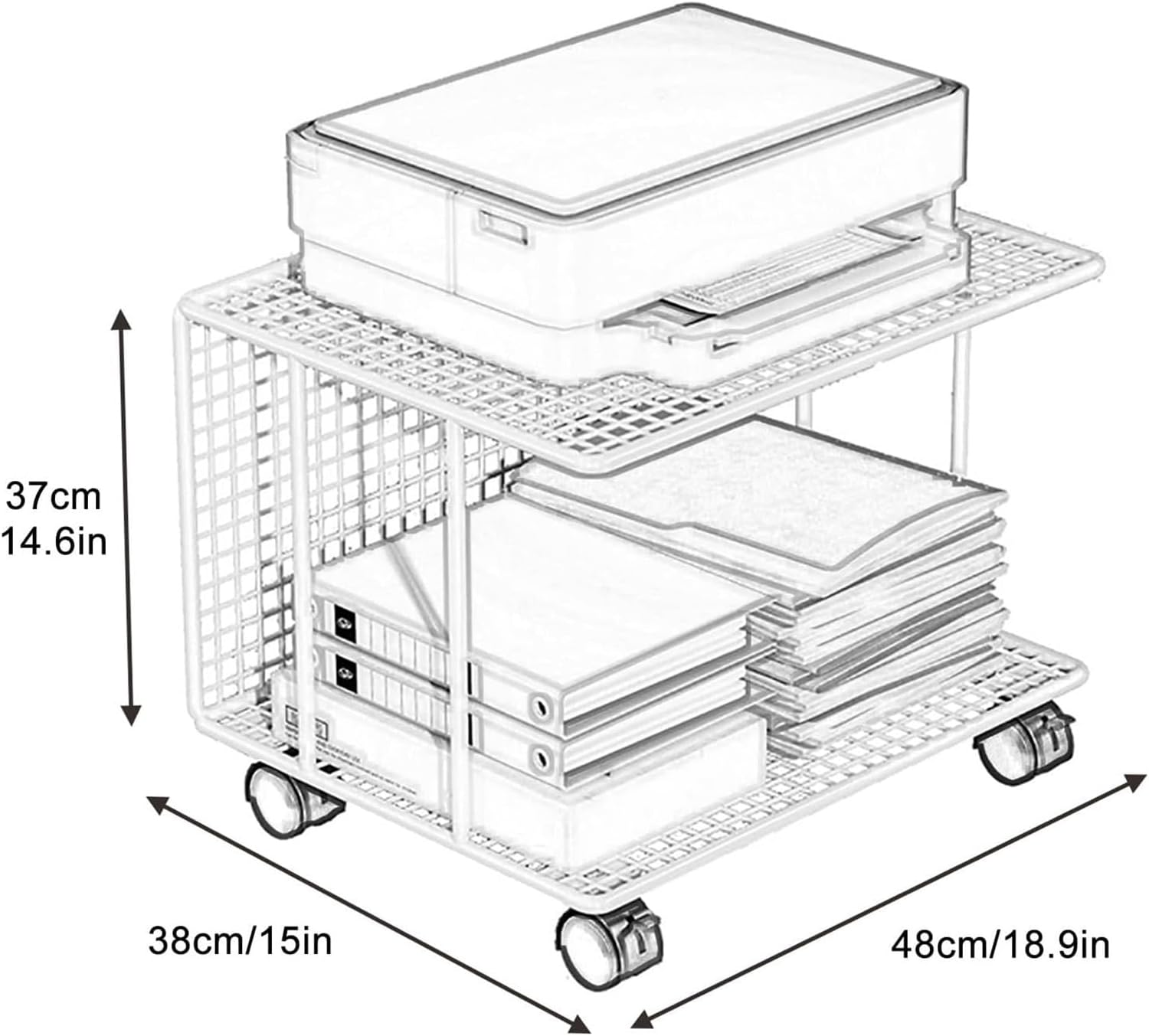 Printer Shelf,2-Tier Printer Stand Printer Cart, Under Desk Printer Shelf, Metal Printer Table with 360° Lockable Wheels, Storage Rack for 3D & Laser Printer, Scanner, Heat Press(Black,48x38x37cm)