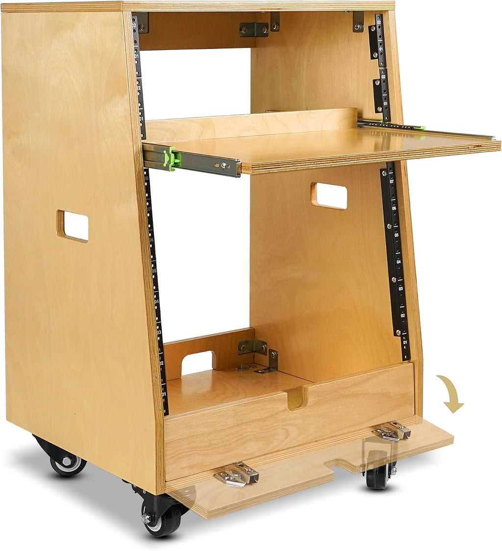Sound Town DIY Slanted 12U Studio Rack (4U Top + 8U Lower), with 2U Bottom Storage, Slide-Out Tray, Caster, Plywood, Golden Oak for Recording Room, Home Studio (SDRK-ST12T)
